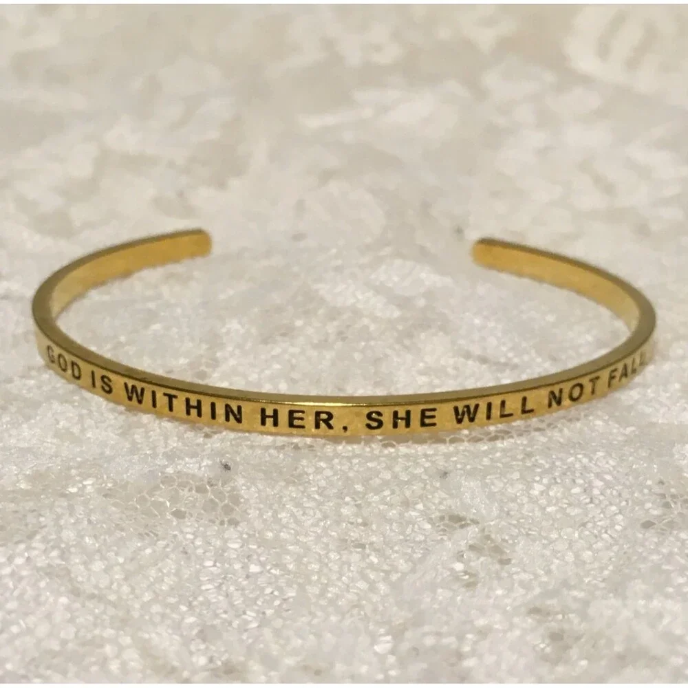Inspirational Christian Quote Cuff Bracelet Thin Gold Tone Elegant Minimalist